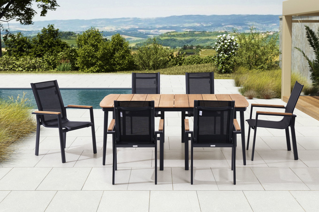OUTFLEXX Salon de jardin, anthracite mat, Alu/Teck/Textile, 184x100 cm, 6 Fauteuils, Accoudoirs en Teck 28203__1