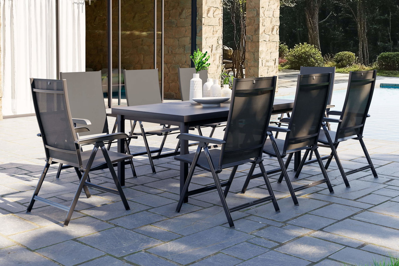 KETTLER BasicPlus Ensemble repas de jardin, anthracite, Alu/Textilène, Table 180/240x100cm, 8 chaises pliantes 19314__1