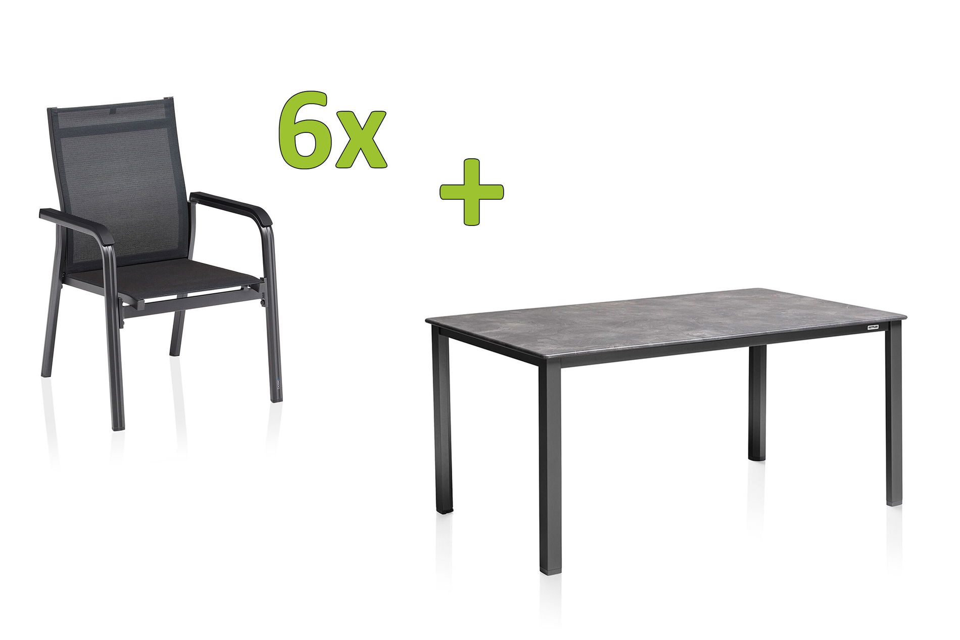 KETTLER BasicPlus Premium Ensemble repas de jardin, anthracite, Alu, Table 160x90 cm, 6 fauteuils empilables 31568__1