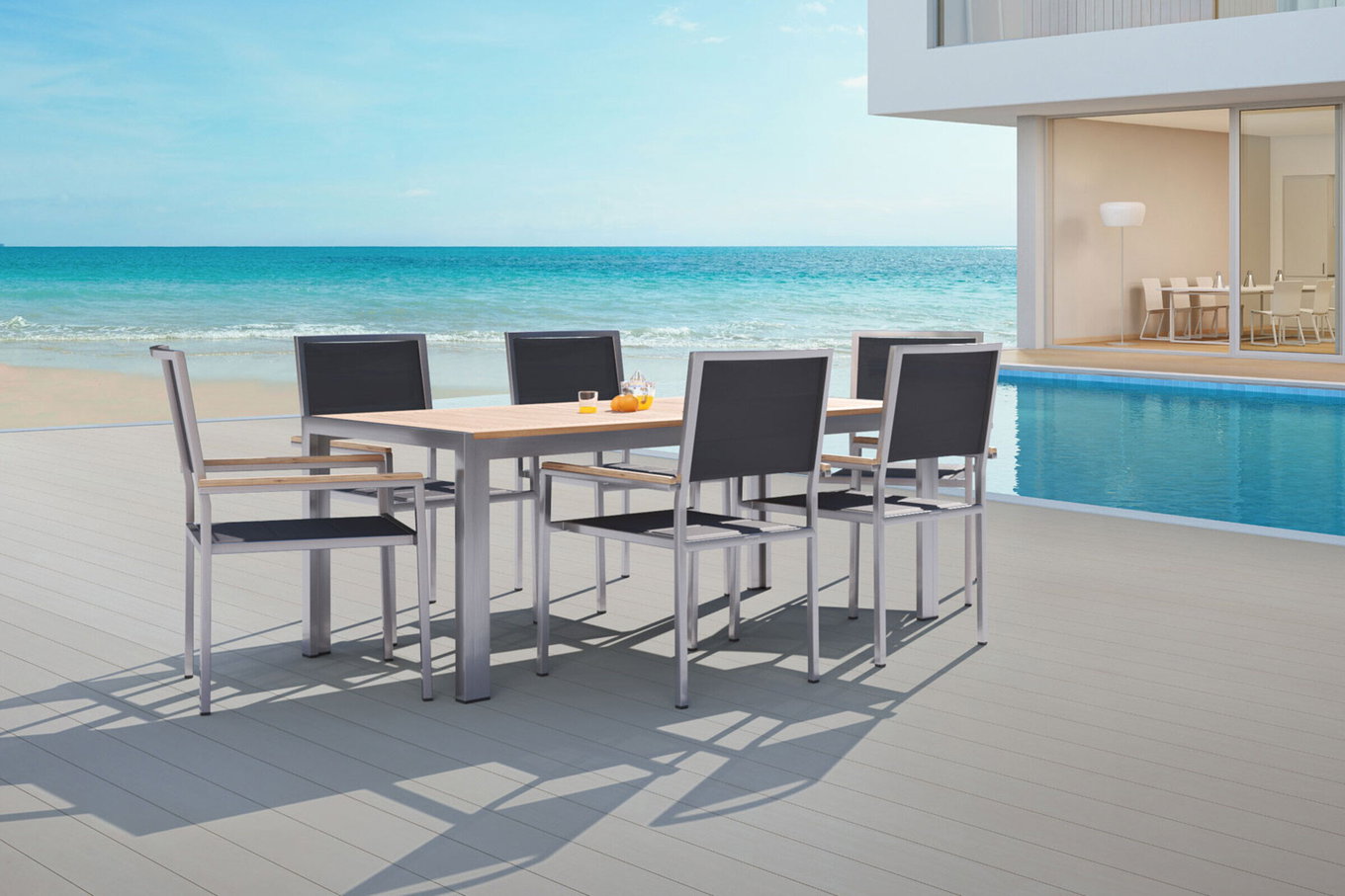 OUTFLEXX Ensemble repas de jardin, noir, acier inoxydable/teck, table à manger 180 x 90 cm, 6 chaises empilables rembourrées 14190__1