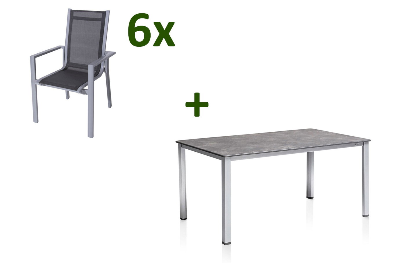 KETTLER Cubic Groupe repas de jardin, argent/anthracite/gris, Alu/Textilène, Table 160x90 cm, 6 fauteuils empilables 28709__1