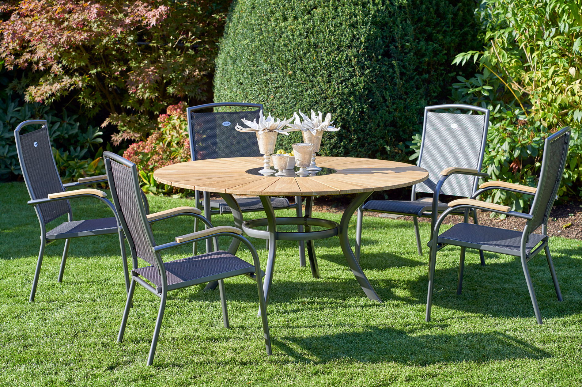 HARTMAN Provence / Raffaelo Ensemble repas de jardin, xerix/anthracite, Alu/Teck, 5 fauteuils empilables, Ø150cm, seau à glace inclus 21188__1
