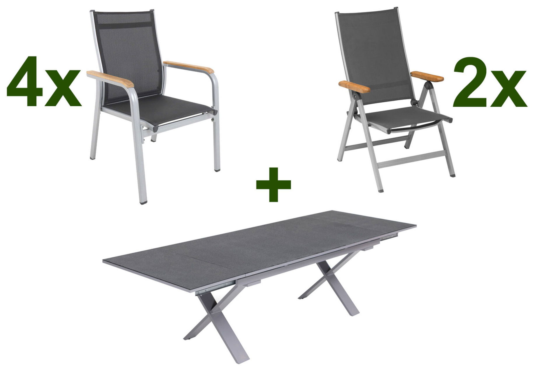 KETTLER Granada Ensemble repas de jardin, argent / anthracite, Alu / Spraystone / Teck, Table 180/280 x 100 cm, 4 fauteuils empilables, 2 chaises pliantes 23022__1