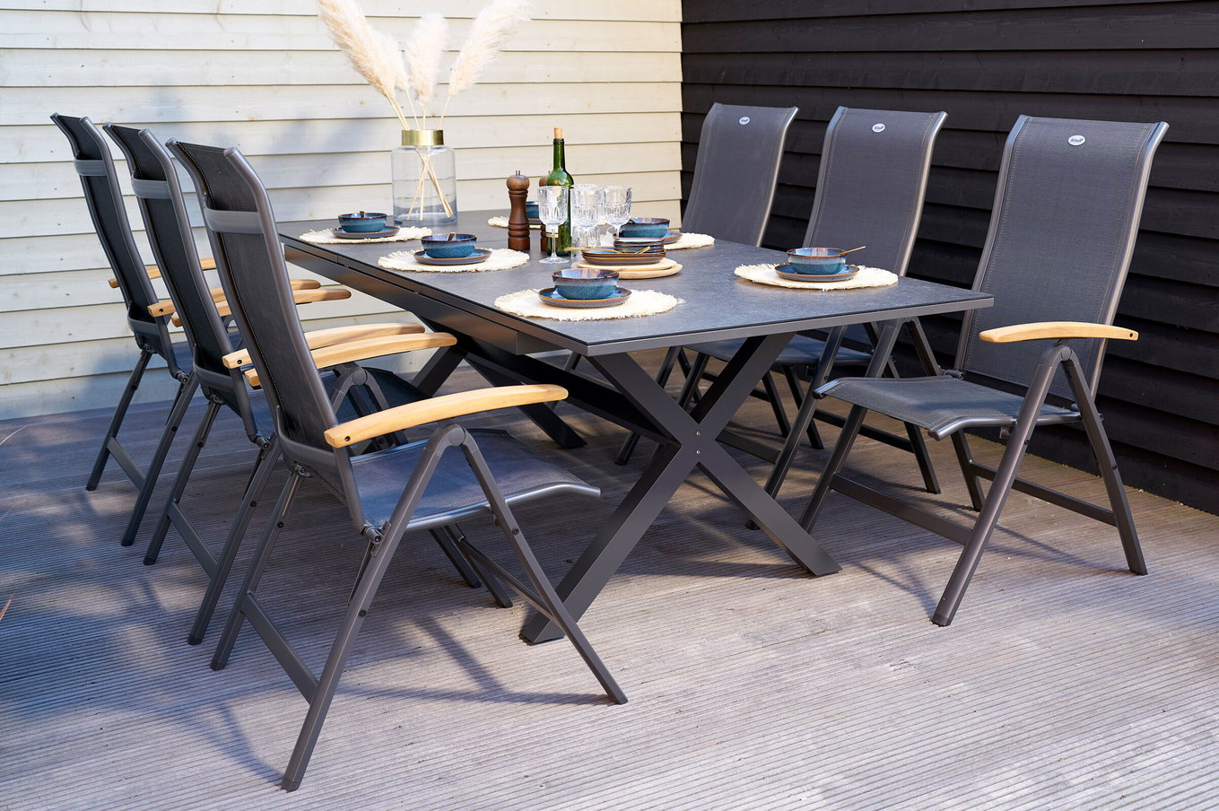 HARTMAN Xanadu/Alice Salon de jardin, xerix, Alu/Vitrocéramique/Teck/2x2 Textiles, 160/220x100 cm, 6 chaises pliantes, châssis en X 24218__1