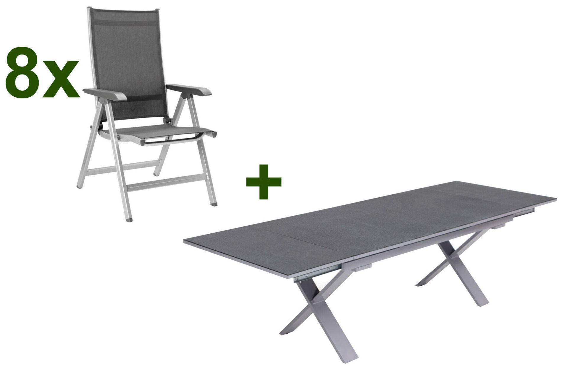 KETTLER BasicPlus Ensemble repas de jardin, argenté / anthracite, Alu / Spraystone / Textile, Table 180/280x100cm, 8 chaises pliantes 23008__1