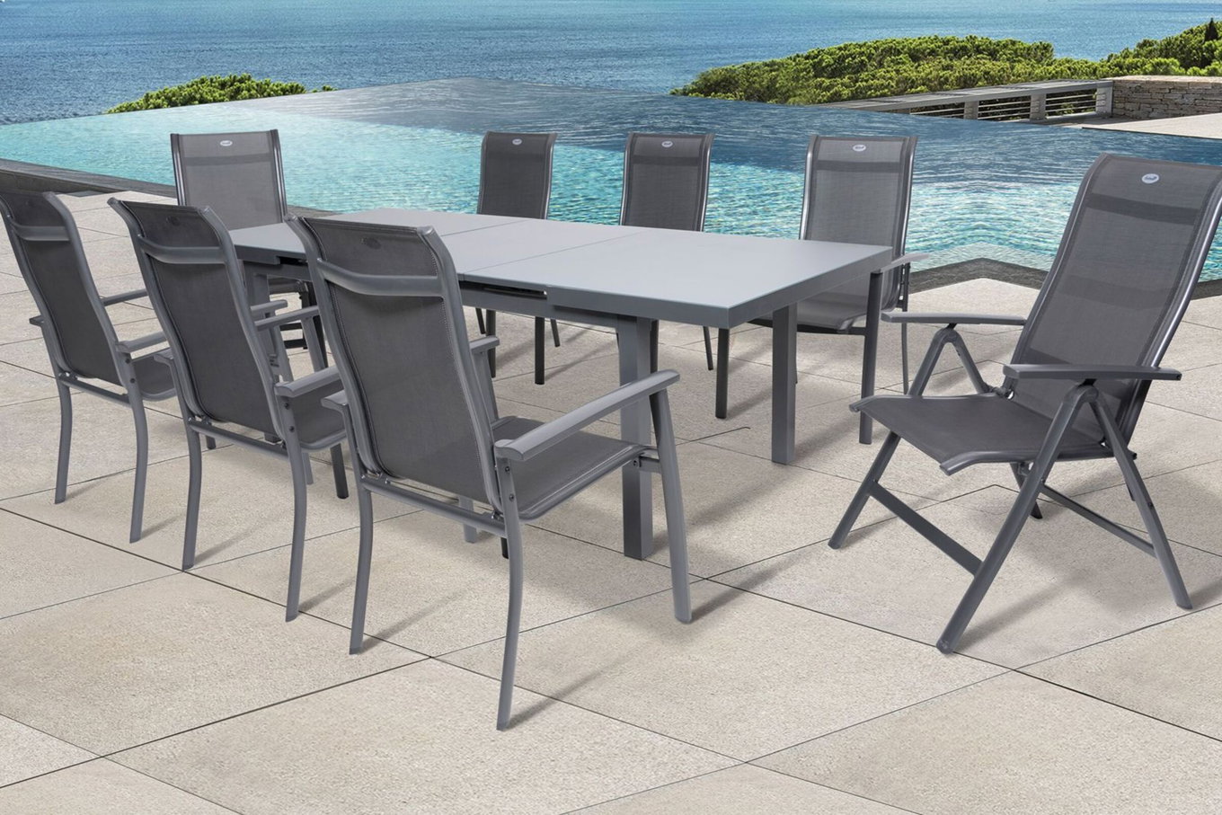 HARTMAN Alice Comfort Salon de jardin repas, xerix, Alu/Textilène, Table 180/240x100cm, 6 fauteuils empilables, 2 chaises pliantes 19336__1