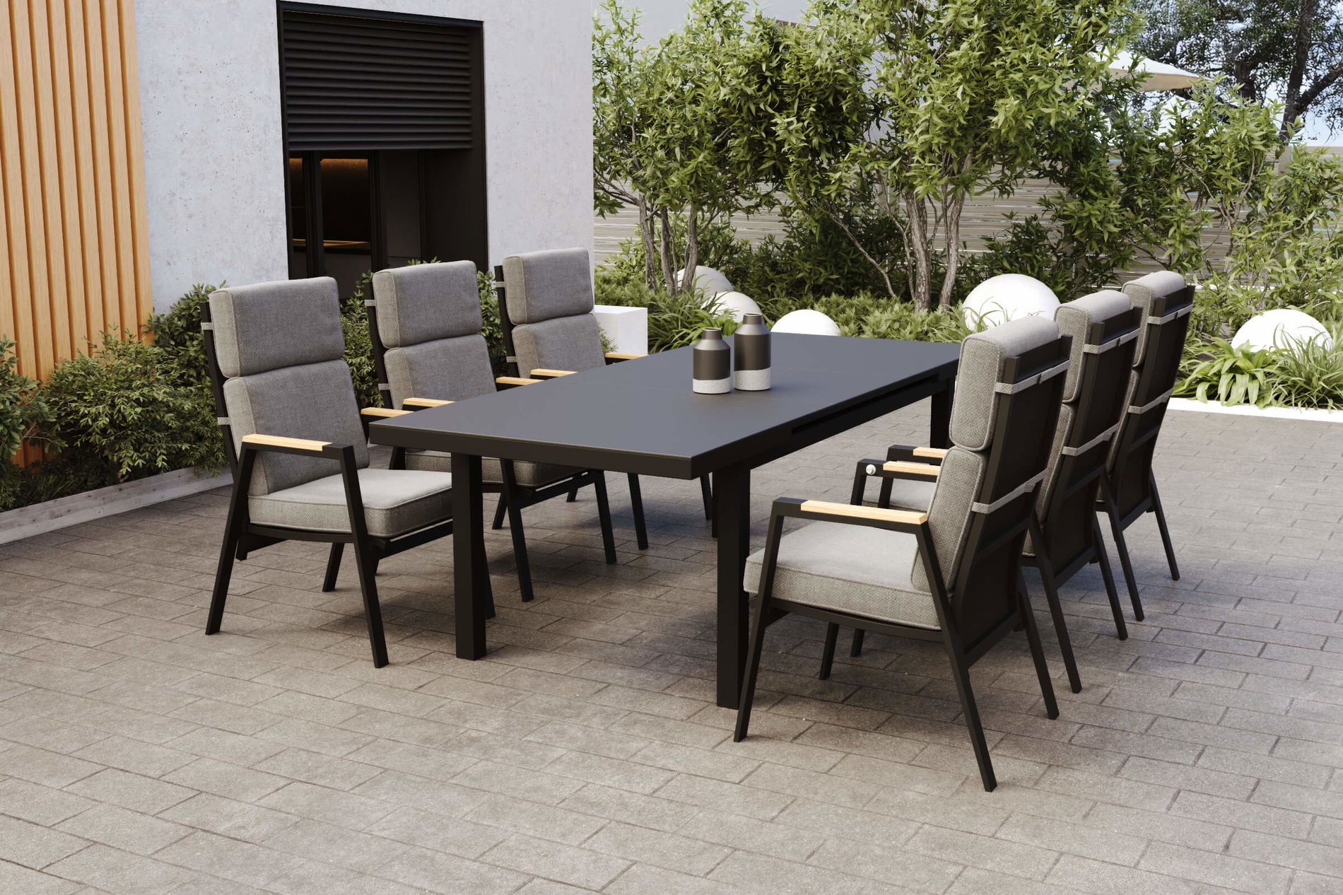 Salon de jardin OUTFLEXX Korba avec 6 fauteuils, anthracite mat, alu/teck, table extensible 180/240 x 100 cm, coussins inclus