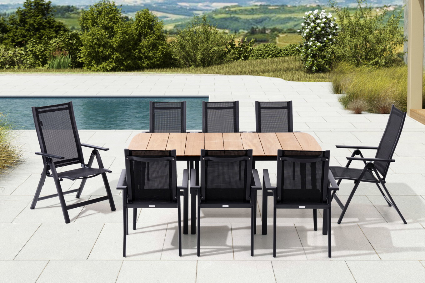 Salon de jardin OUTFLEXX, anthracite mat, Alu/Teck/Textile, 185 x 100 cm, 6 fauteuils empilables, 2 chaises pliantes 28212__1