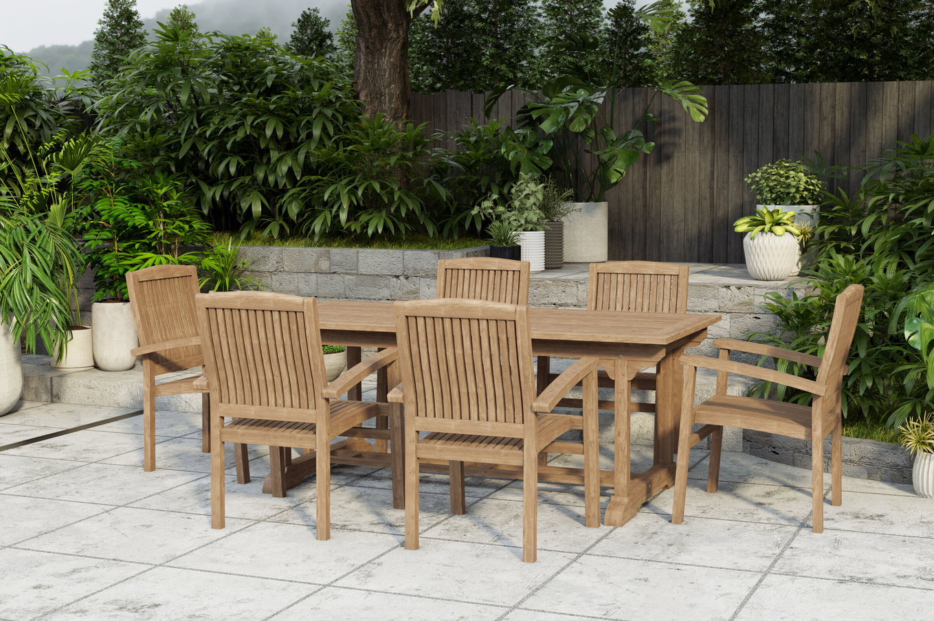 OUTFLEXX Ontario/Washington Groupe repas de jardin, naturel, Teck, 195/295 x 90 cm, 6x Fauteuils empilables 24370__1