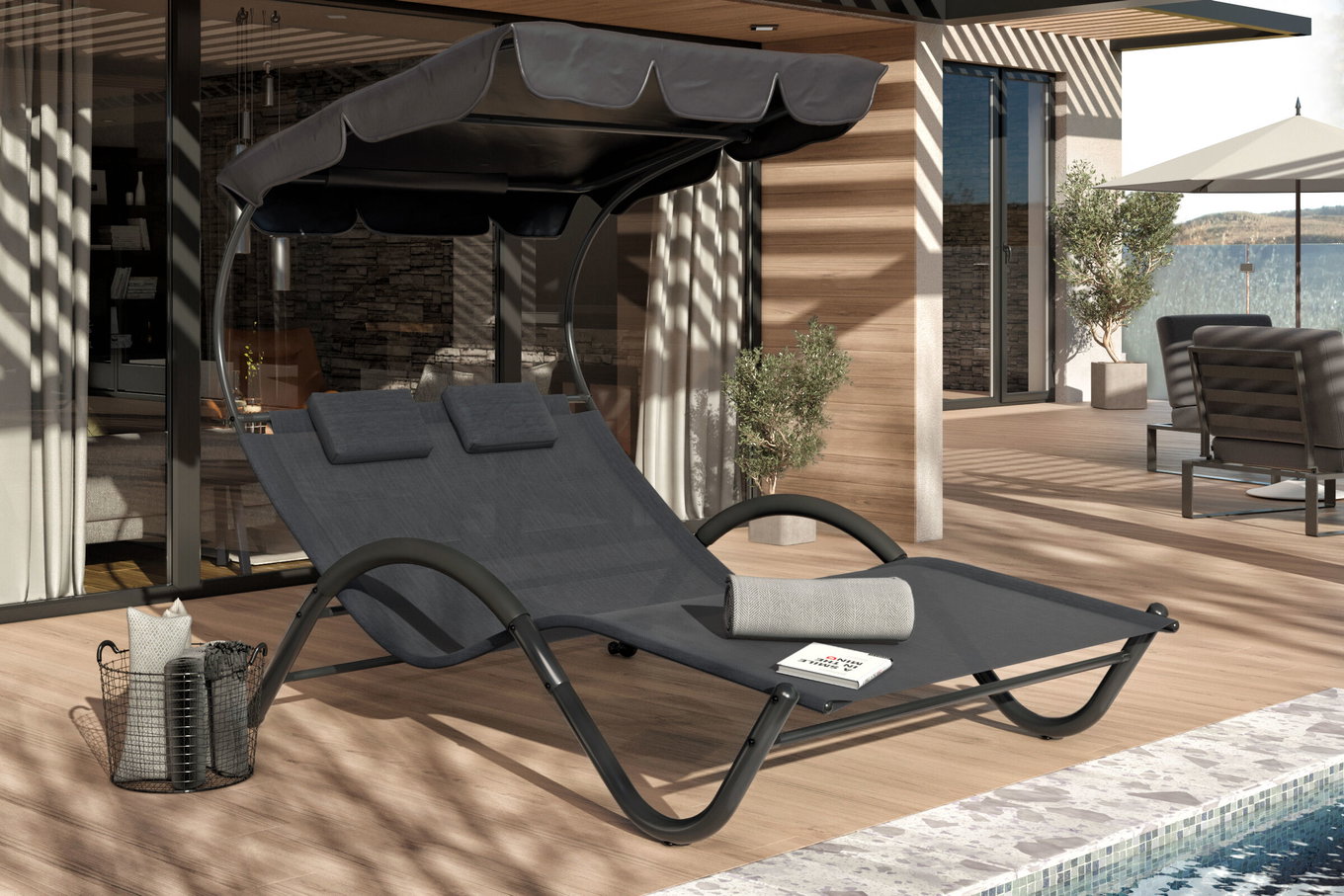 OUTFLEXX Bain de soleil double, anthracite, Polyester/Acier thermolaqué, 205x138x34cm, avec coussins de nuque, à roulettes 16102__1