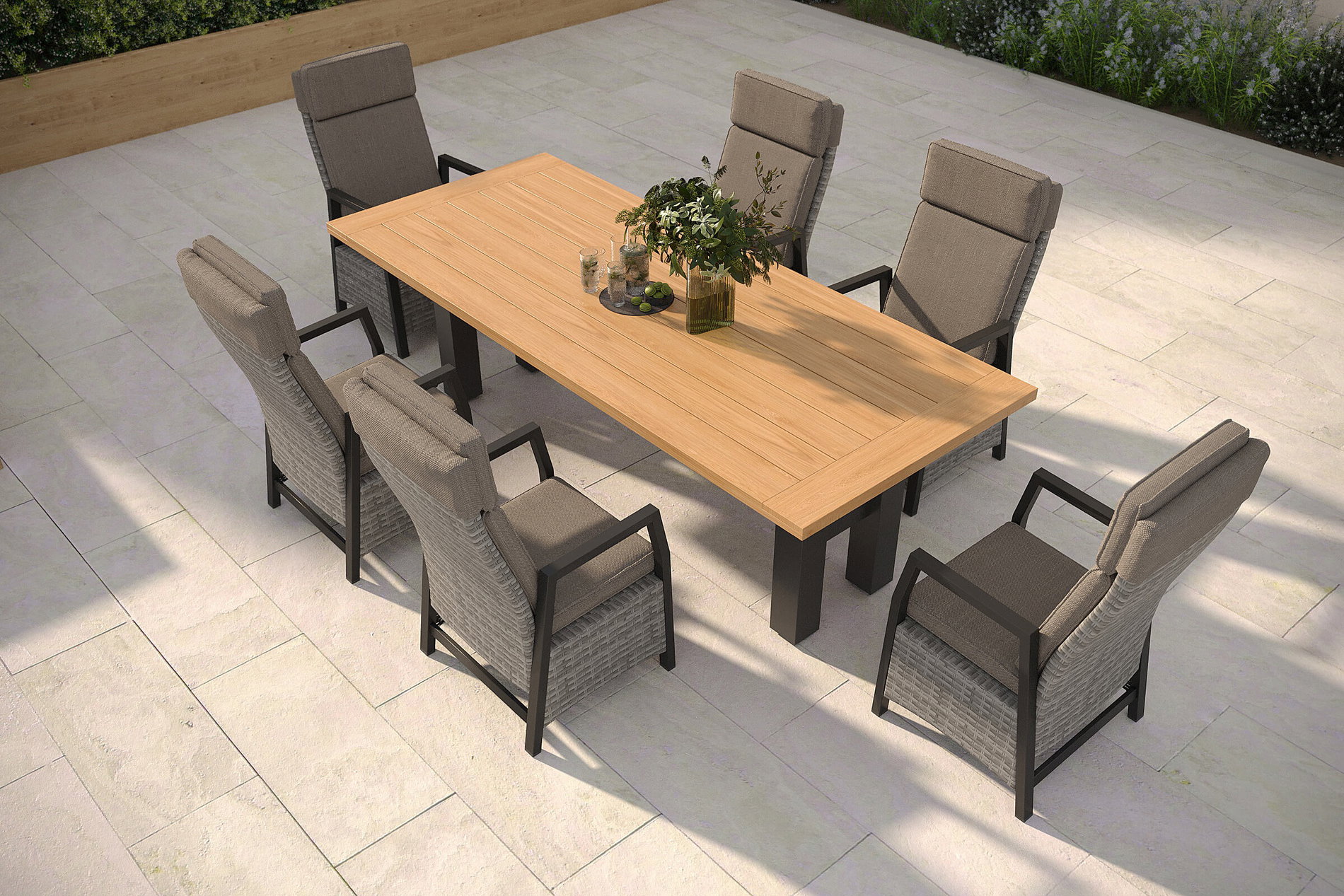 HARTMAN Nova Garten-Essgruppe mit 6 Sesseln, anthrazit/grau, Alu/Polyrattan/Teak, 240 x 100 cm, verstellbare Rückenlehne