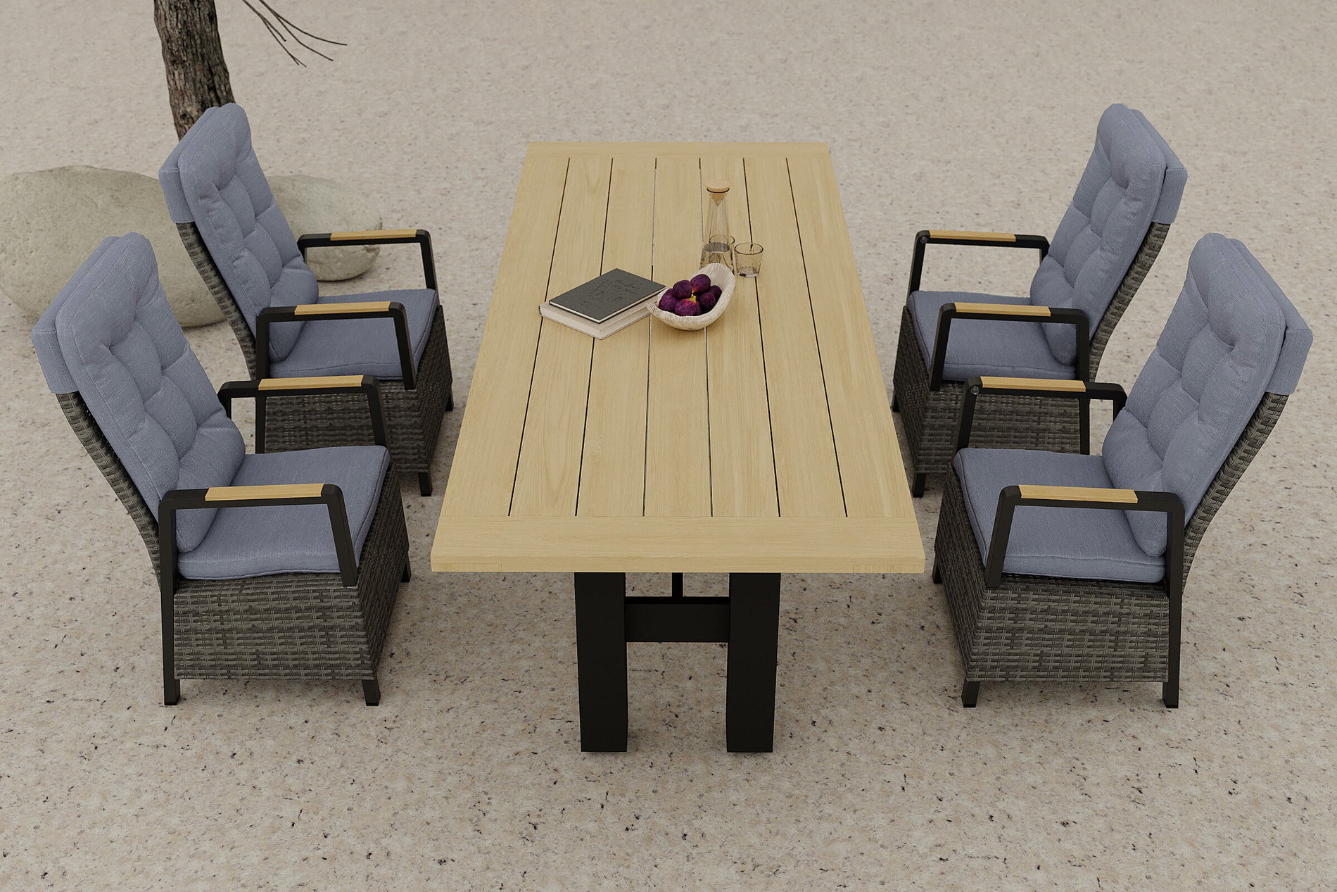 HARTMAN Nova Garten-Essgruppe mit 4 Sesseln, anthrazit/grau/natur, Alu/Polyrattan, 240 x 100 cm, verstellbare Rückenlehne mit Teak-Armlehnen, FSC®-zertifiziertes Produkt