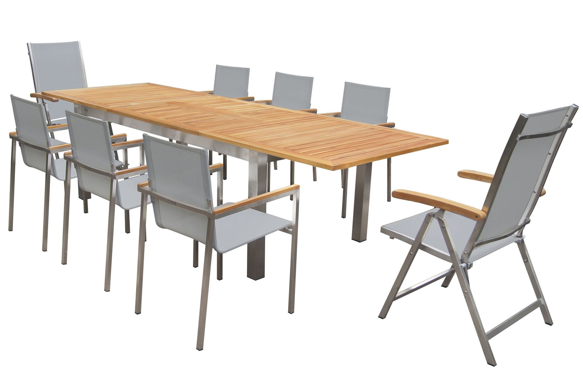 OUTFLEXX Ensemble repas de jardin, argenté, 200/300 x 100 cm, acier inoxydable/teck, table extensible, 6 chaises empilables, 2 chaises pliantes, produit certifié FSC® 14150__1