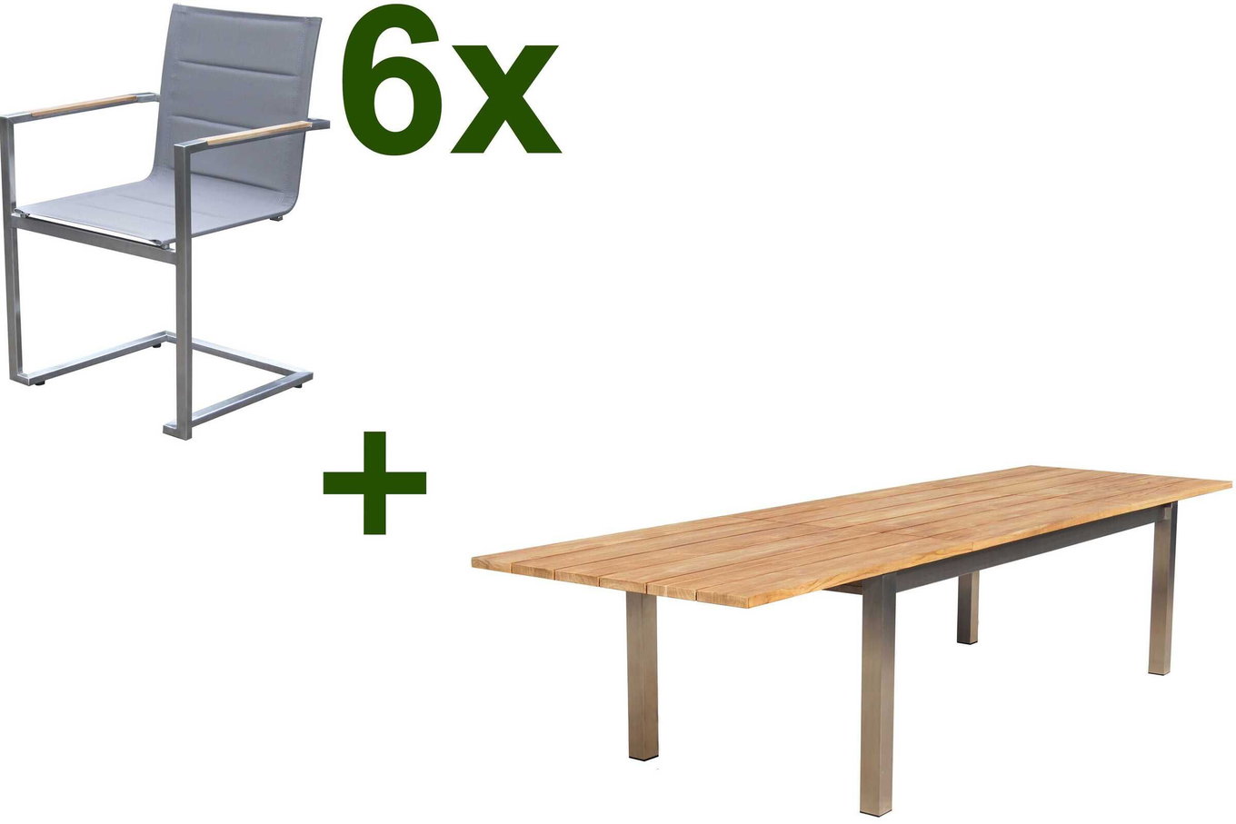 OUTFLEXX Ensemble table à manger de jardin, acier inoxydable/teck, 220/340 x 100 cm, 6 fauteuils cantilever, argent, épaisseur plateau 3cm, produit certifié FSC® 17320__1