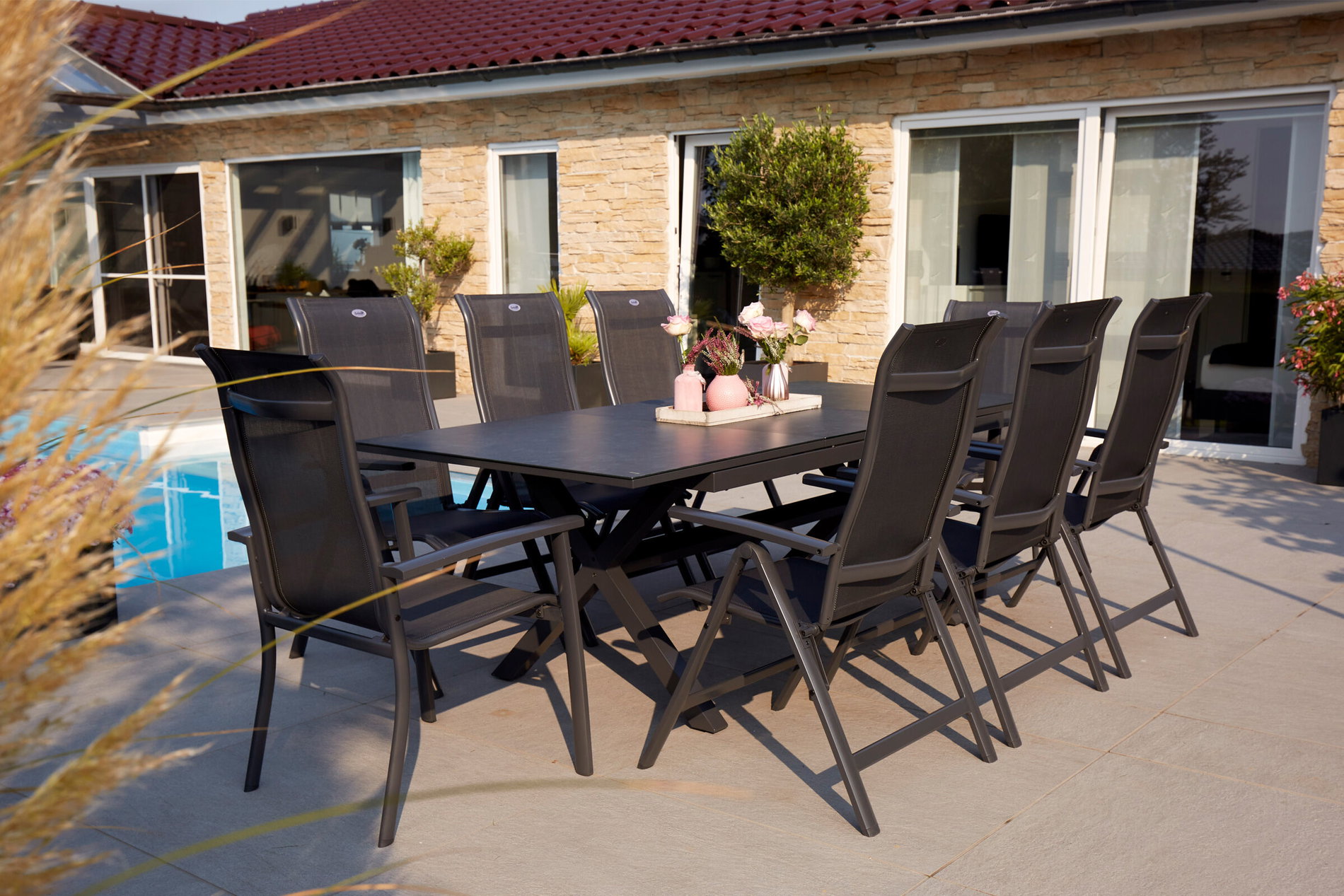 HARTMAN Xanadu / Alice Groupe repas de jardin, xerix, Alu/Textilène/Vitrocéramique, 2 fauteuils empilables, 6 chaises pliantes, 160/220x100cm 23263__1
