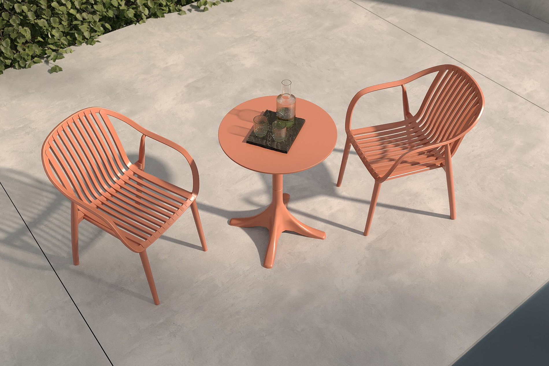 VILLANA Pico Curve Ensemble de balcon, rouge brique, plastique, table ø70 cm et 2 fauteuils empilables 56 x 59 x 83 cm, résistant aux UV et aux intempéries