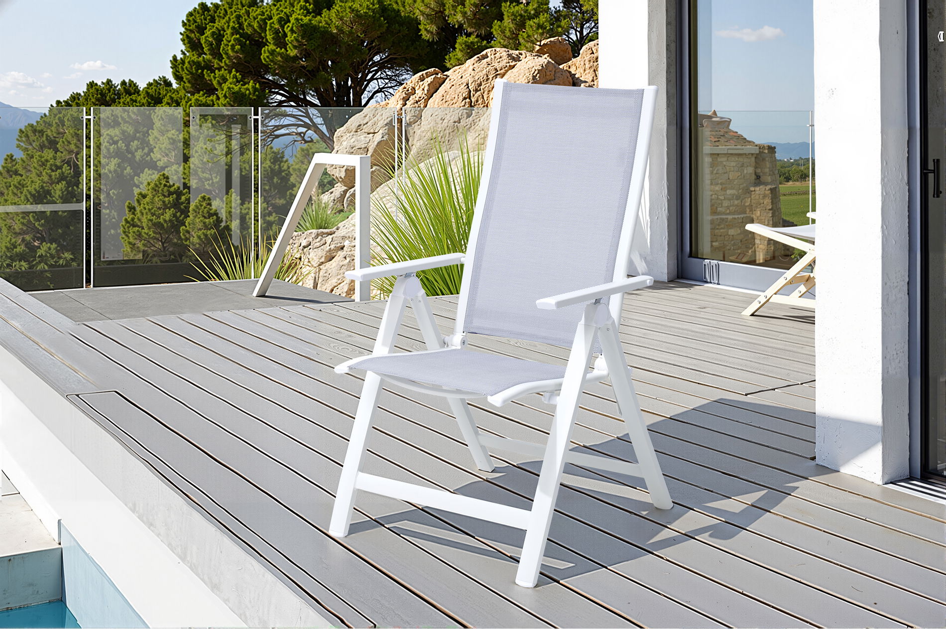 Chaise pliante OUTFLEXX, crème/blanc, aluminium, réglable en 7 positions, résistant aux intempéries, charge maximale élevée