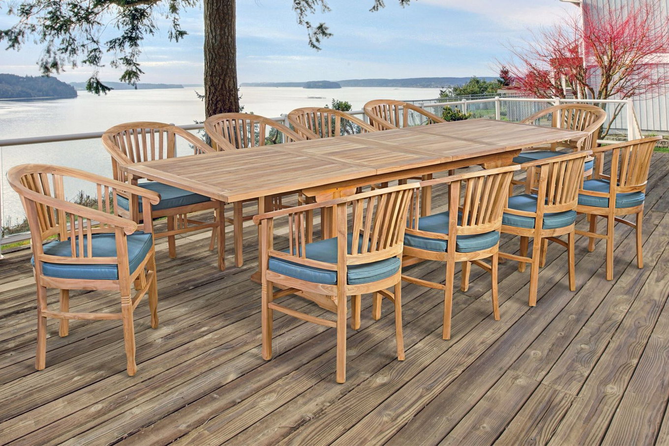 OUTFLEXX Salon de jardin, bois de teck, table extensible 195/295 x 90 cm, 10 fauteuils avec accoudoirs, coussins inclus 19369__1