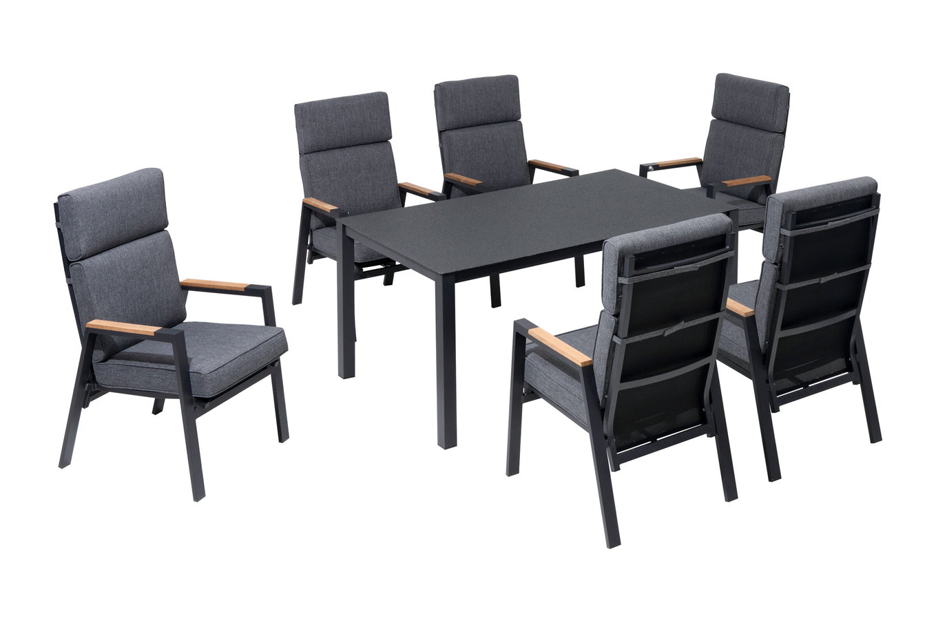 OUTFLEXX Groupe repas de jardin, anthracite mat, Alu/Spraystone/Polyester, 160x95 cm, 6 fauteuils, coussins inclus 28198__1