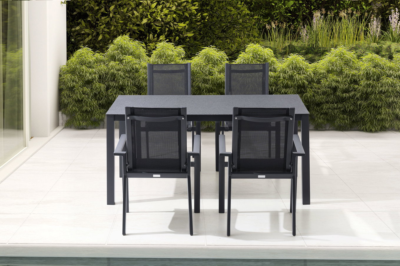 OUTFLEXX Salon de jardin, anthracite mat, Alu/Spraystone/Textilène, 160x95 cm, 4 fauteuils empilables 28187__1