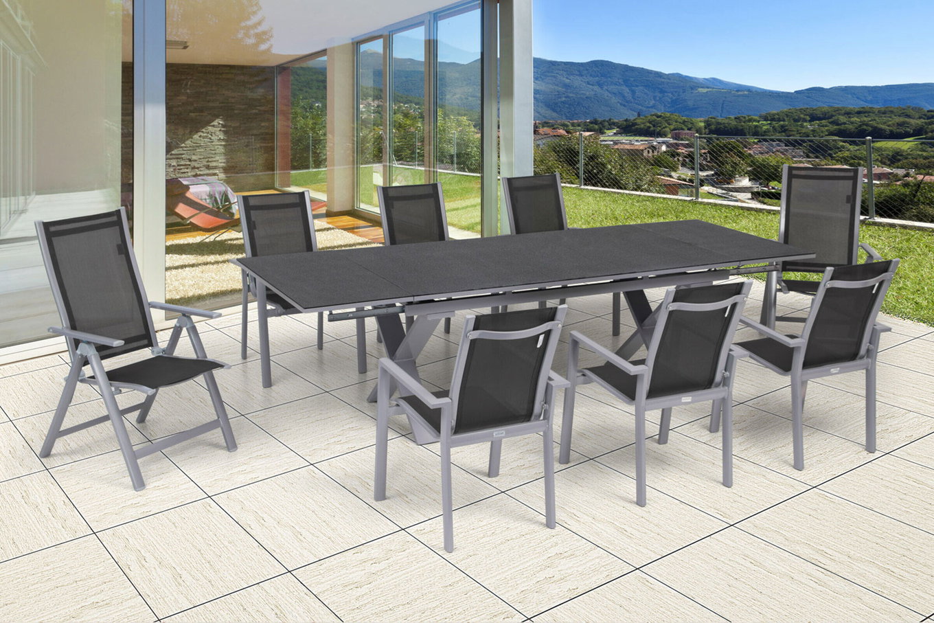 OUTFLEXX Ensemble repas de jardin, argent, alu / céramique / textil, table 180/280 x 100 cm, 6 fauteuils empilables, 2 chaises pliantes 22218__1