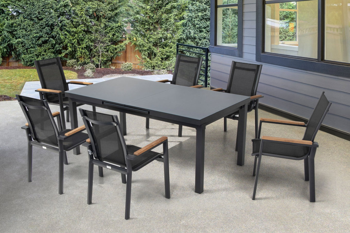 Ensemble repas de jardin Premium OUTFLEXX, OUTFLEXX® anthracite mat, alu / verre / teck, table 180/240x100cm, 6 fauteuils empilables 22207__1