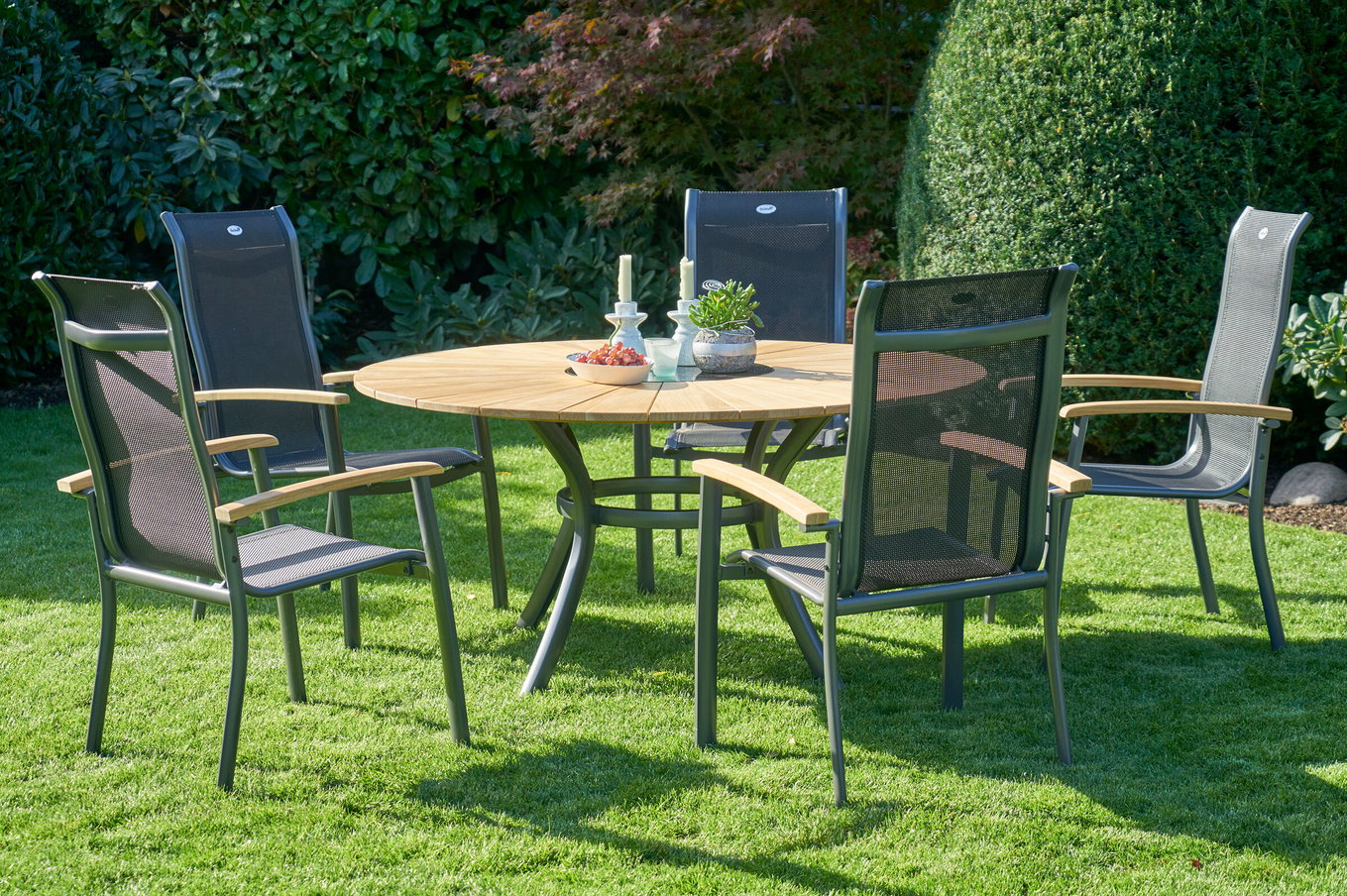 HARTMAN Provence / Alice Ensemble repas de jardin, xerix/noir, Alu/Teck, 4x4 Textilène, 5 fauteuils empilables, Ø150cm, incl. seau à glace 21190__1