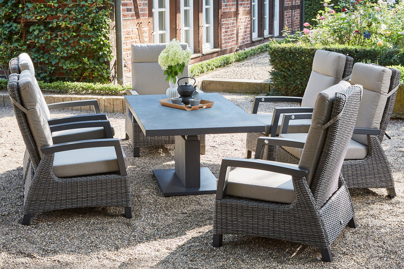 SIENA GARDEN Corido/Bellani Grau salon de jardin, charcoal/anthracite/gris, Alu/Tressage Gardino®, Table relevable 160x90 cm, 6 fauteuils lounge 22114__1