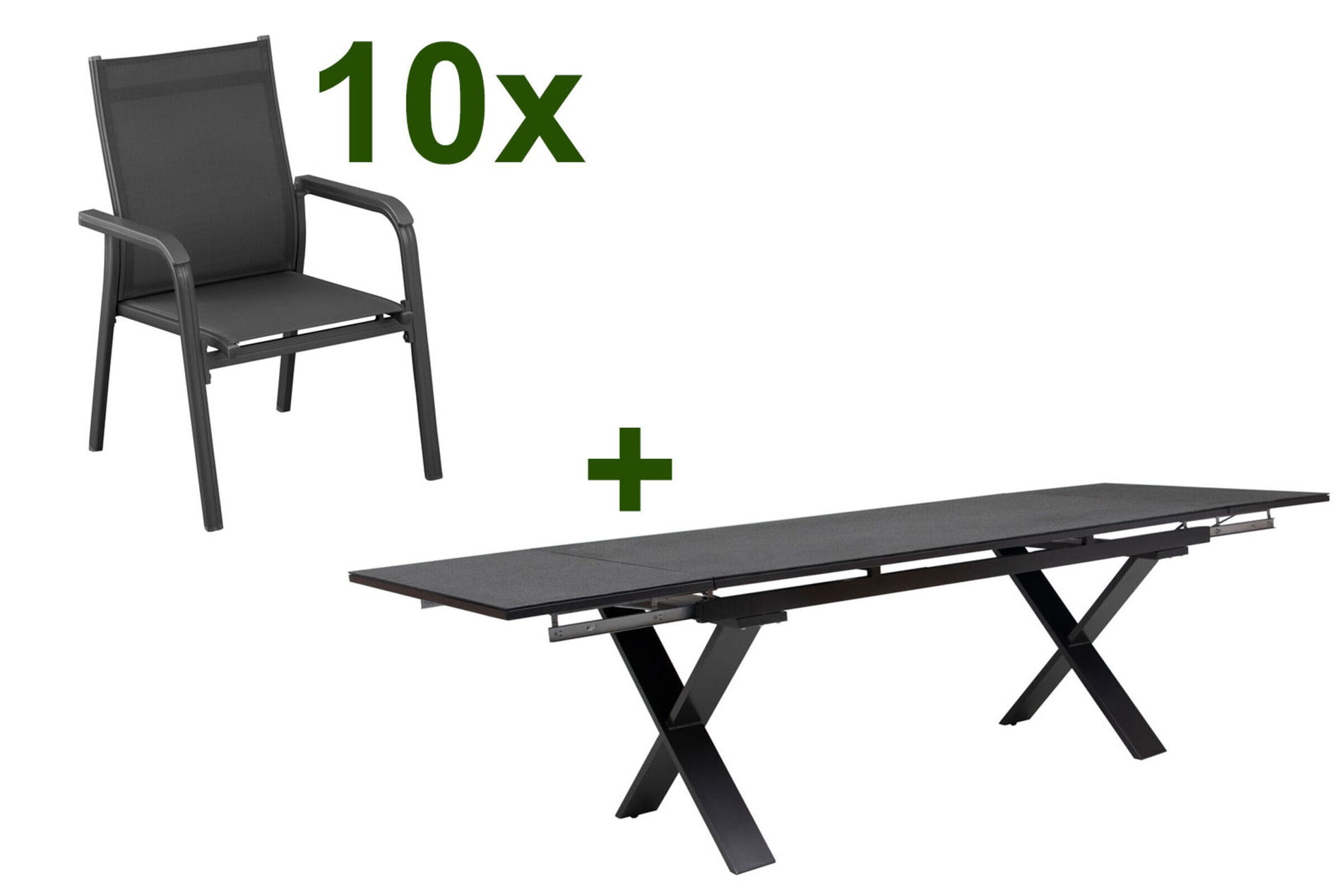 KETTLER BasicPlus Salon de jardin, anthracite, Alu / Spraystone / Textile, Table 180/280x100cm, 10 fauteuils empilables 23078__1