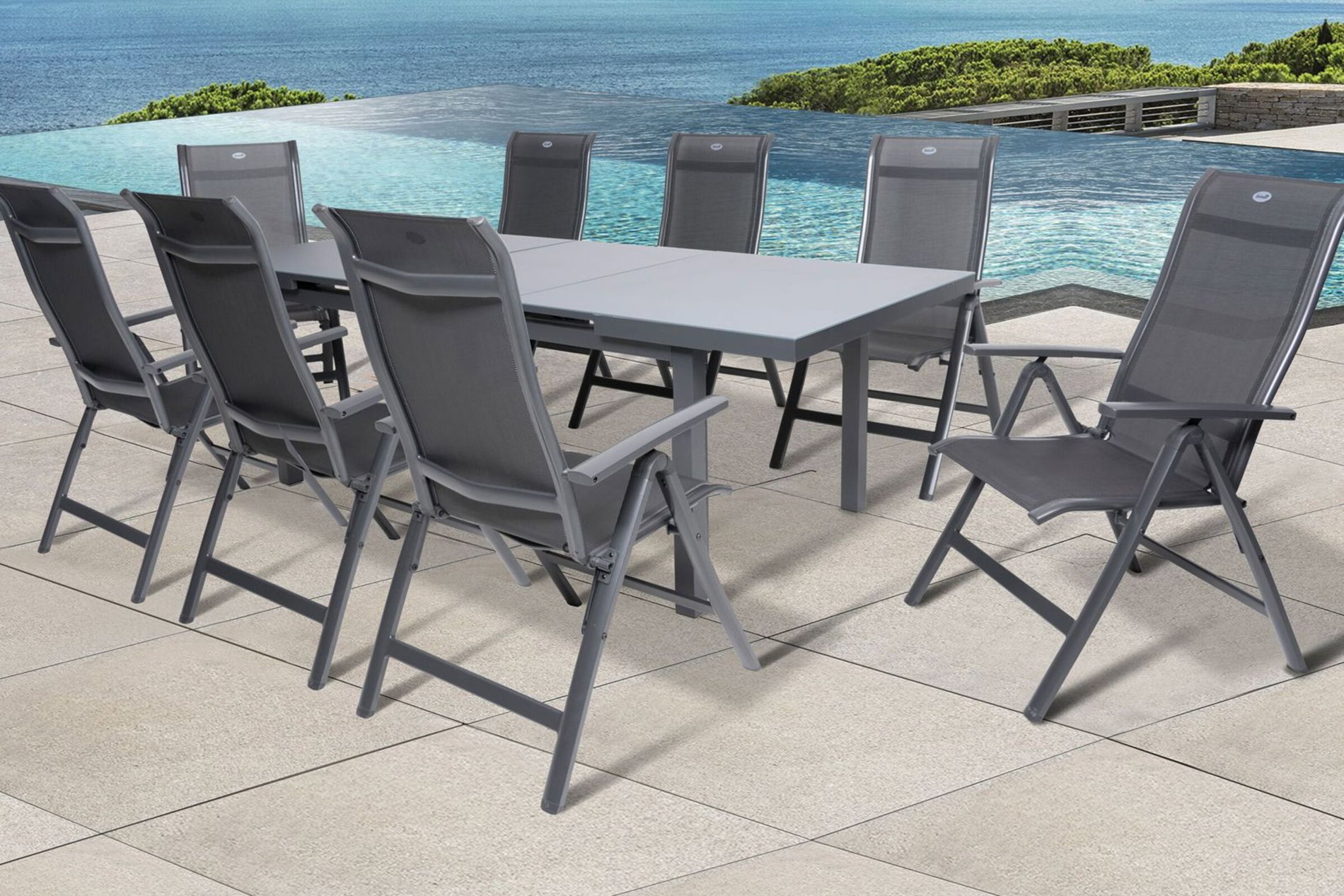 HARTMAN Alice Comfort ensemble repas jardin, xerix, Alu/Textilène, table 180/240x100cm, 8 chaises pliantes 19332__1