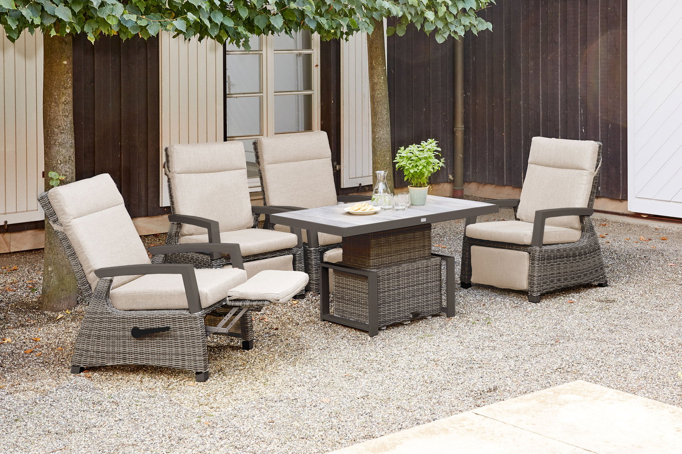 SIENA GARDEN Corido Ensemble repas de jardin, charcoal, Alu / tressage Gardino®, 4 fauteuils relax, table relevable réglable en continu 130x75x47-71cm 21512__1