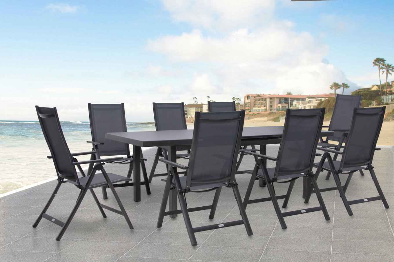Groupe repas de jardin Premium OUTFLEXX, anthracite/gris, Alu/Textilène, Table extensible 180/240x100cm, 8 chaises pliantes 21438__1