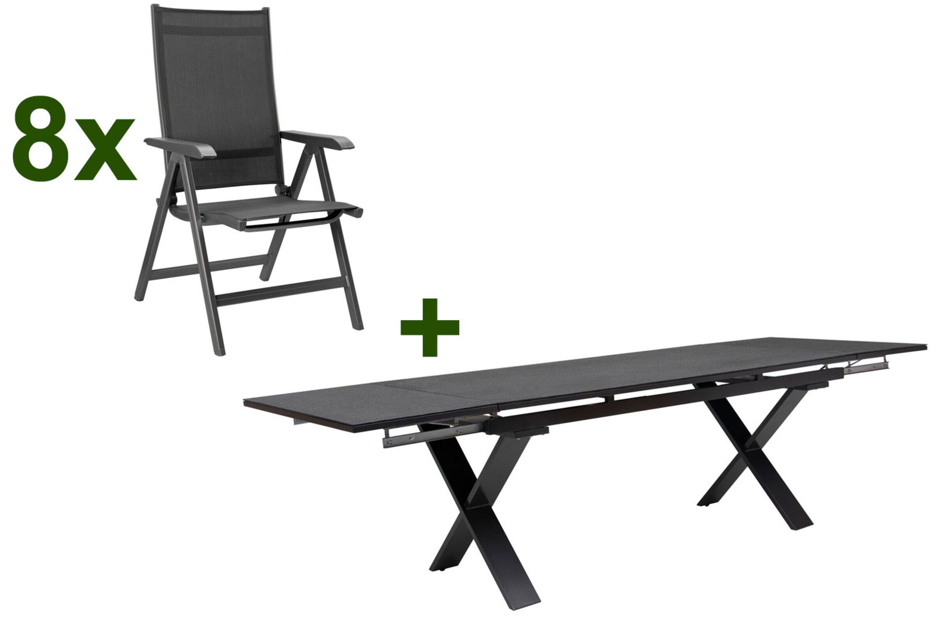 KETTLER BasicPlus Ensemble repas de jardin, anthracite, Alu / Spraystone / Textile, Table 180/280x100cm, 8 chaises pliantes 23074__1