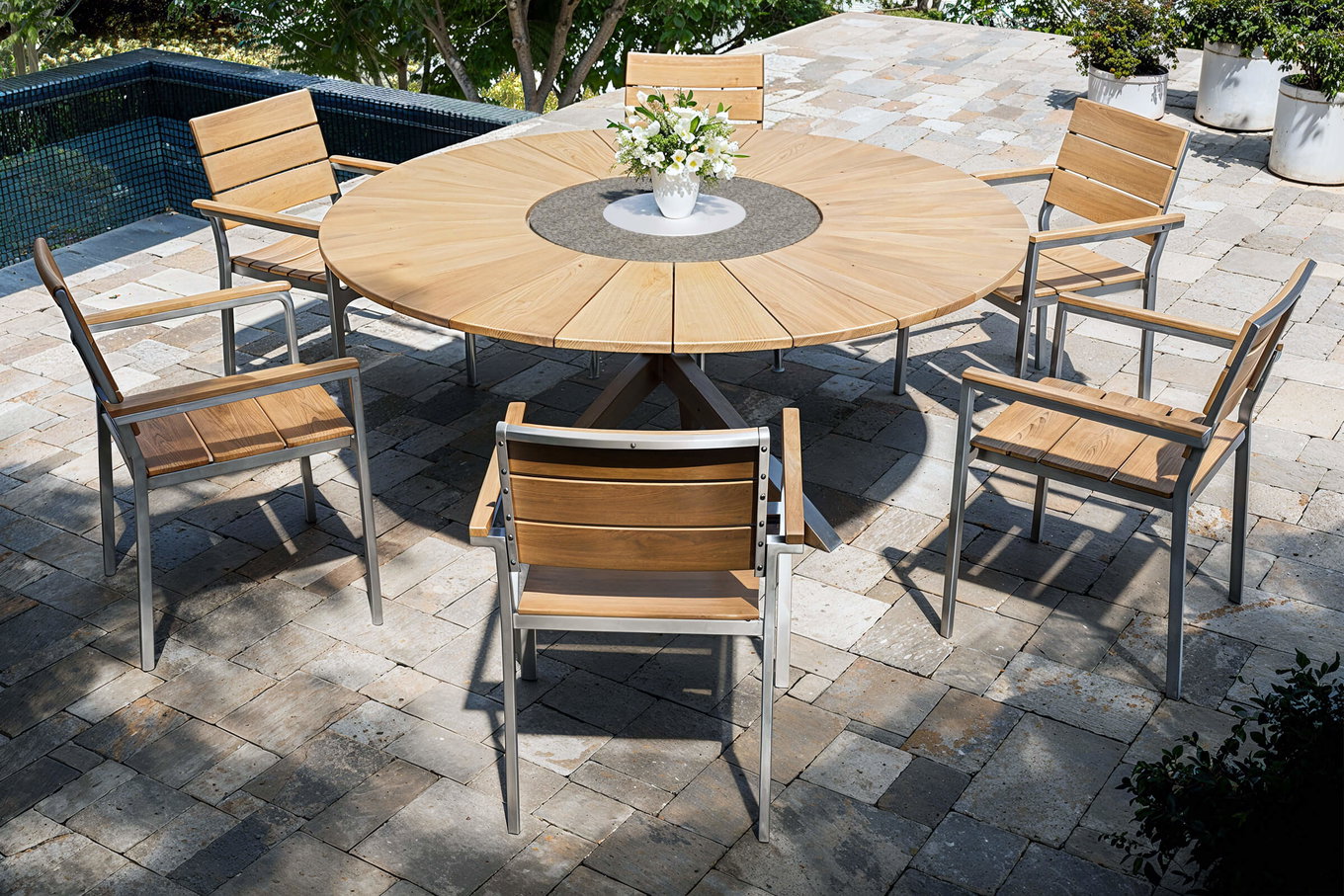 OUTFLEXX Ensemble de salle à manger de jardin, naturel, acier inoxydable/teck, Ø 170 cm, 6 fauteuils empilables, incl. plateau en granit rotatif + seau à glace, produit certifié FSC® 16578__1