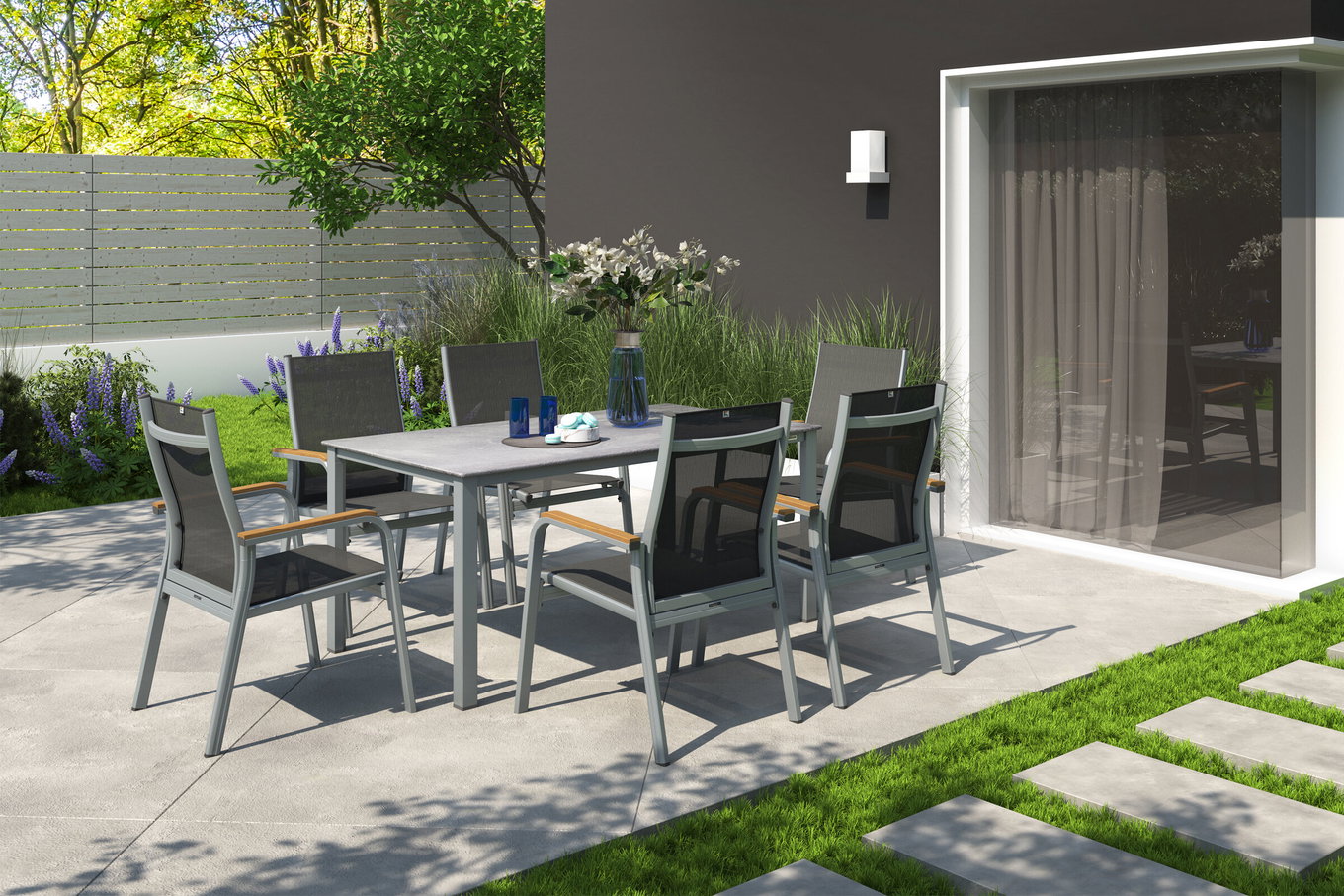 KETTLER Granada Ensemble de repas de jardin, argent/anthracite, Alu, Table 160x90, 6 fauteuils empilables 31405__1