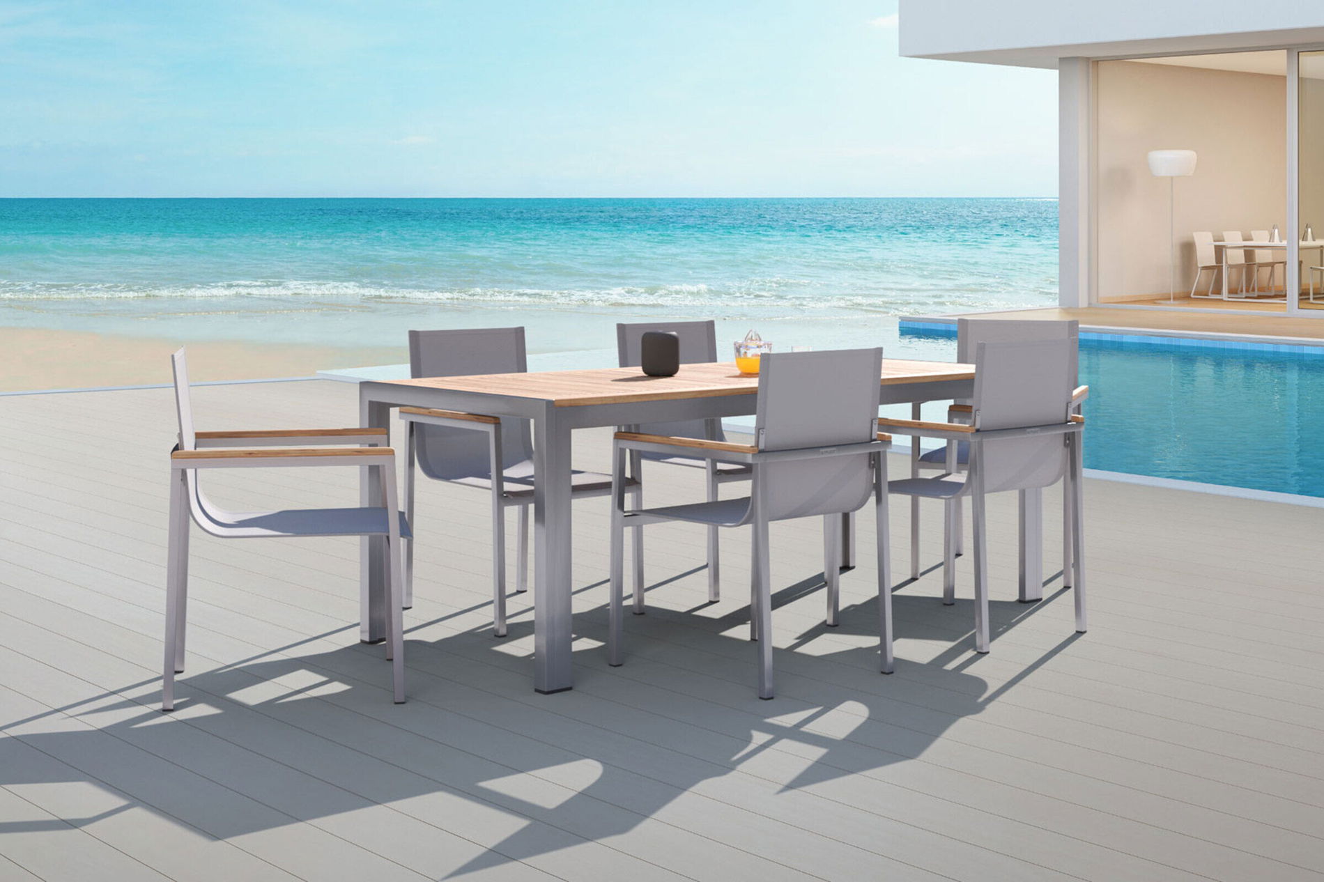 OUTFLEXX Ensemble repas de jardin, argent, acier inoxydable/teck, table à manger 200x90cm, 6 chaises empilables 14212__1