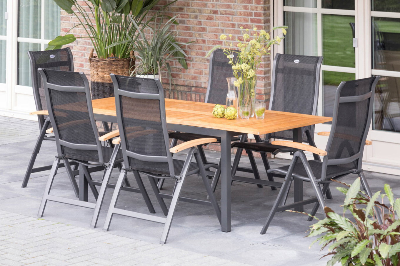 HARTMAN Alice/South Wales Salon de jardin, xerix/naturel, Alu/Teck/2x2 Textiles, 150/210x90 cm, 6 chaises pliantes 24145__1