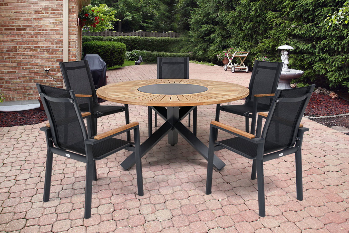 OUTFLEXX Salon à manger de jardin, OUTFLEXX® anthracite mat, Alu / Teck / Textilène, Table à manger Ø 150 cm, 5 chaises empilables 22201__1
