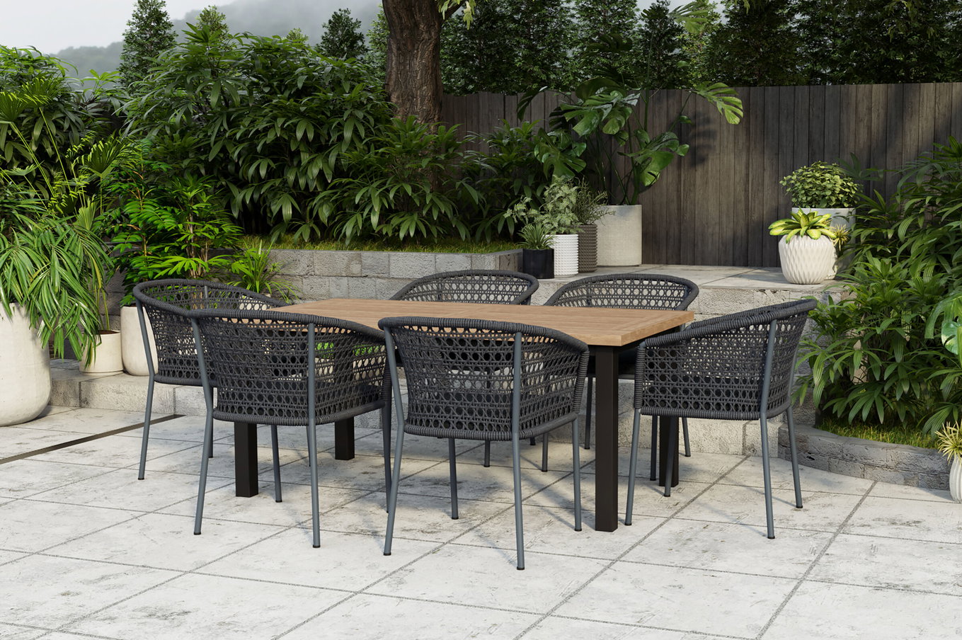 OUTFLEXX Bob/Zui Groupe repas de jardin, anthracite/gris foncé, Alu/teck recyclé/Corde, 220 x 100 cm, 6 x Fauteuil, coussins inclus 24338__1