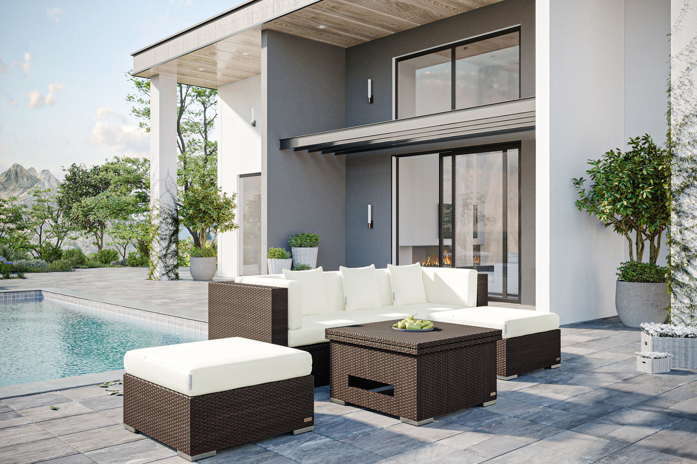 OUTFLEXX salon de jardin, marron marbré, 5 pers, polyrotin, coffre à coussins étanche, table lounge incluse 16068_BOX_D__1
