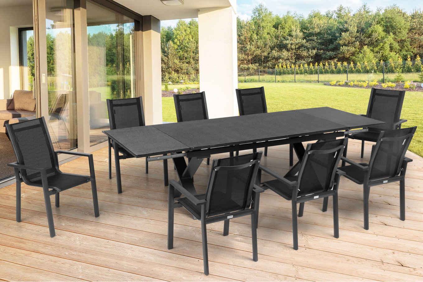 OUTFLEXX Ensemble repas jardin, OUTFLEXX® anthracite mat, Alu / Spraystone / Textile, Table 180/280x100cm, 8 Fauteuils empilables 22137__1