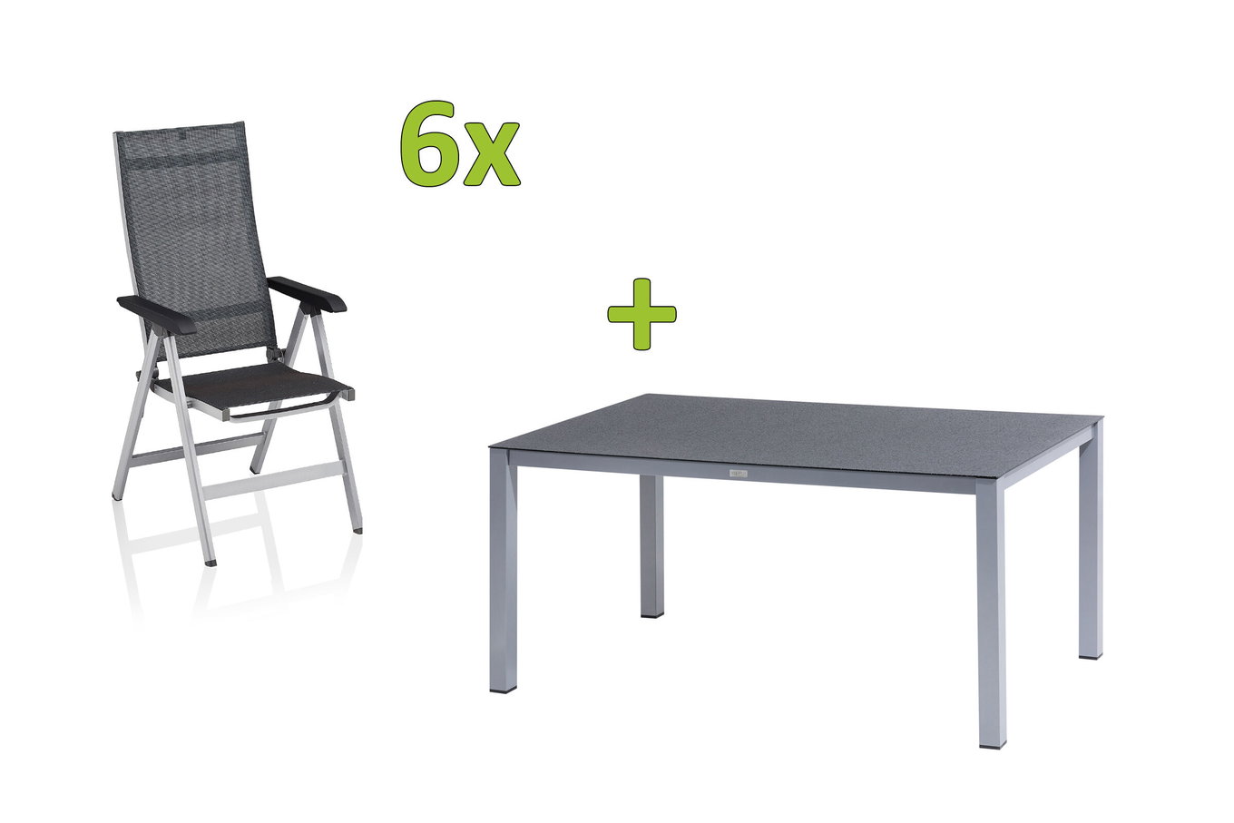 KETTLER BasicPlus Premium groupe repas de jardin, argent, alu/Spraystone, table 160x95 cm, 6 chaises pliantes 31571__1