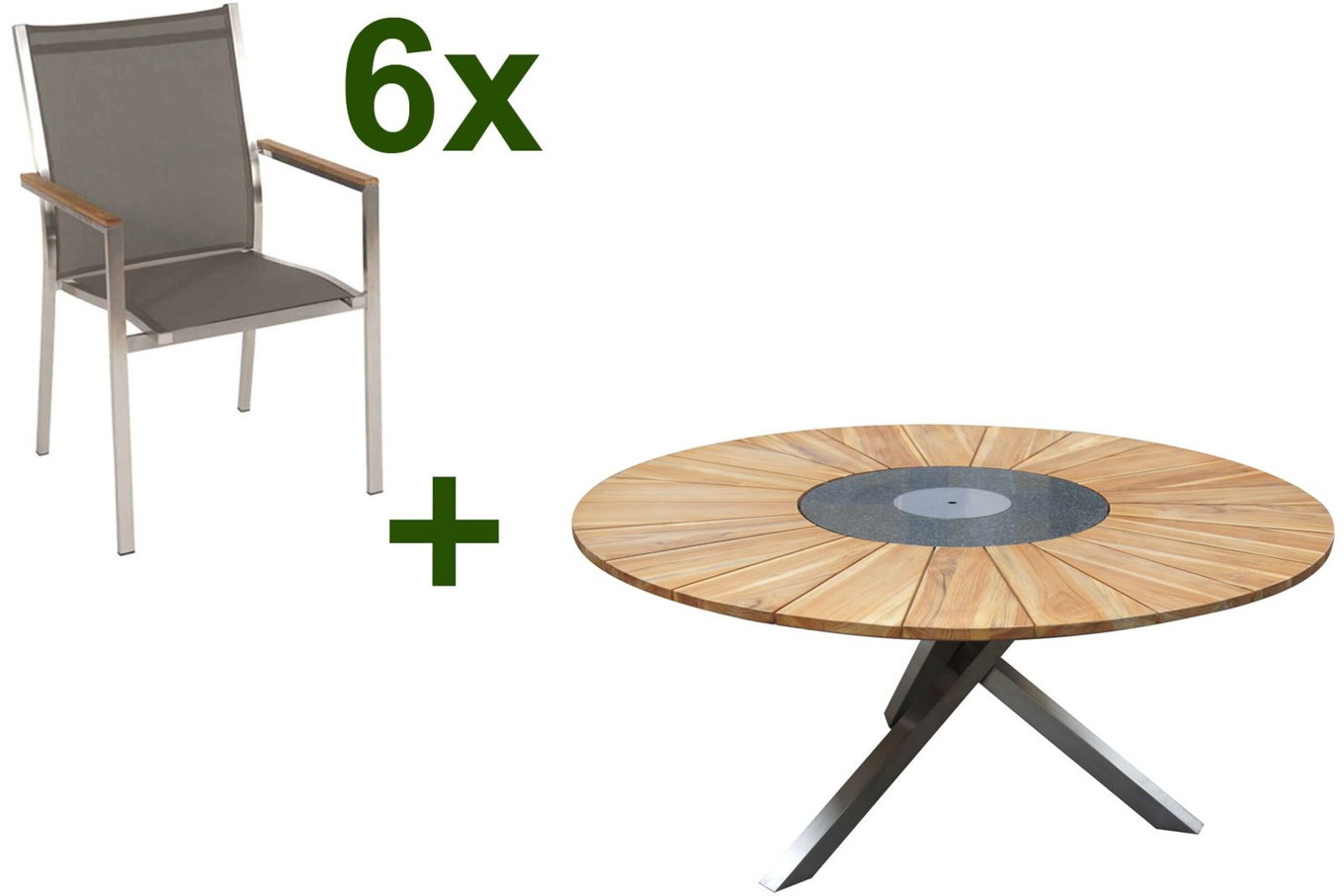 STERN Cardiff Salon de jardin à manger, argent/taupe, Acier inoxydable/Teck, Table Ø 170 cm, 6 Fauteuils empilables, Produit certifié FSC® 19701__1