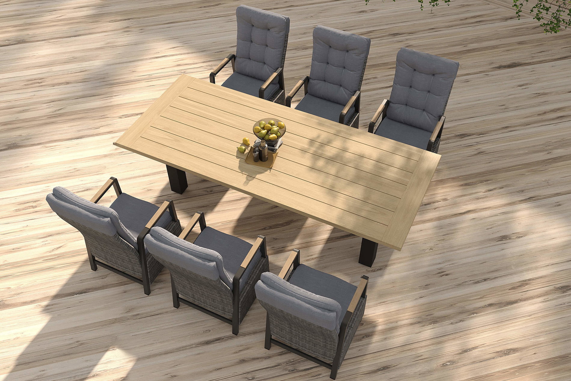 HARTMAN Nova Garten-Essgruppe mit 6 Sesseln, anthrazit/grau/natur, Alu/Polyrattan, 240 x 100 cm, verstellbare Rückenlehne mit Teak-Armlehnen, FSC®-zertifiziertes Produkt