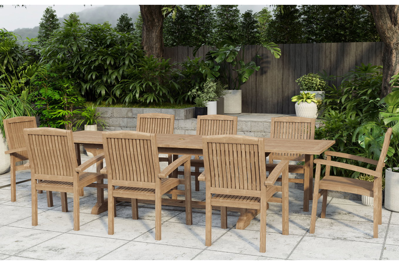 OUTFLEXX Ontario/Washington Salon de jardin à manger, naturel, Teck, 195/295 x 90 cm, 8x Fauteuil empilable 24371__1