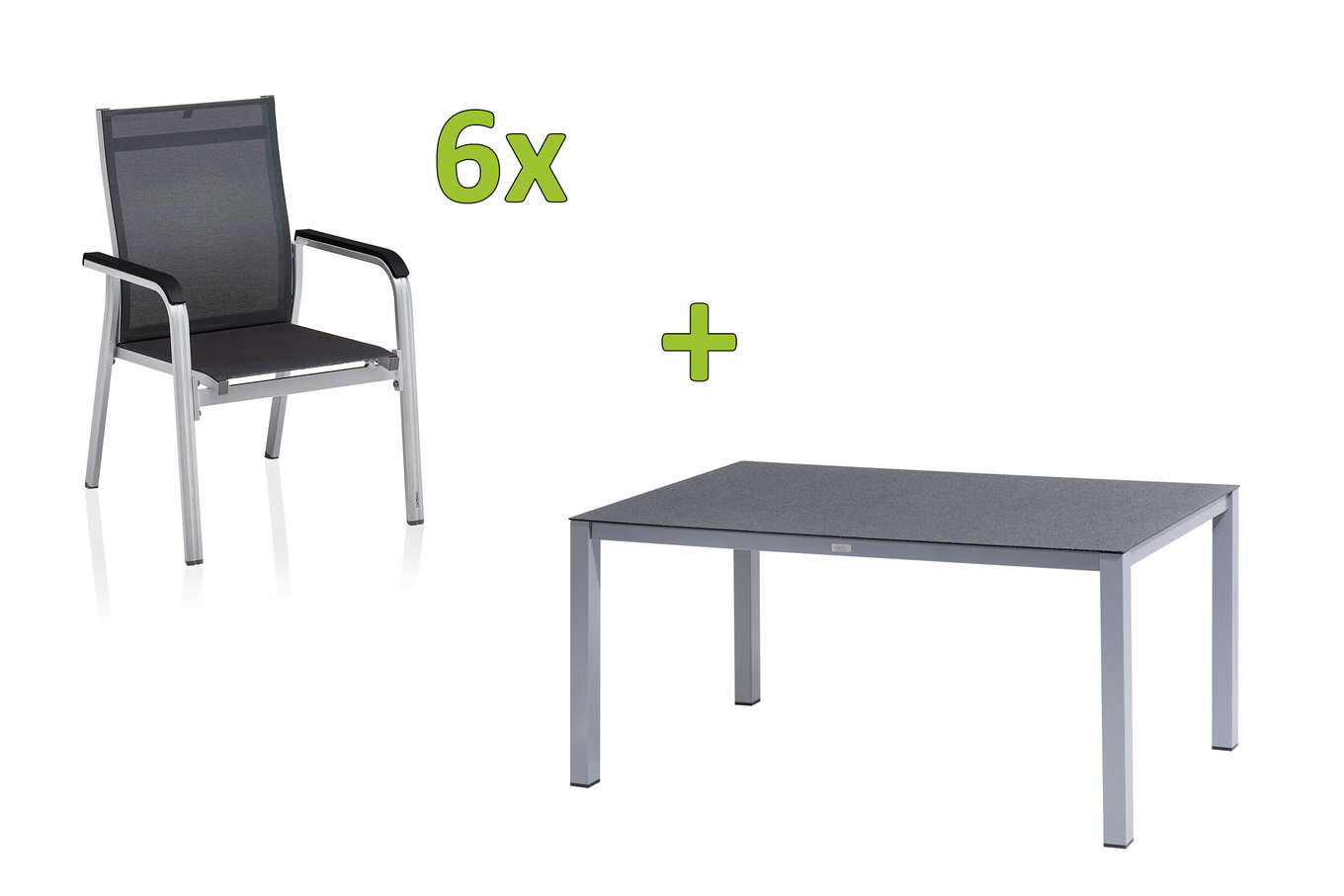 KETTLER BasicPlus Premium Ensemble repas de jardin, argent, Alu/Spraystone, Table 160x95 cm, 6 Fauteuils empilables 31573__1