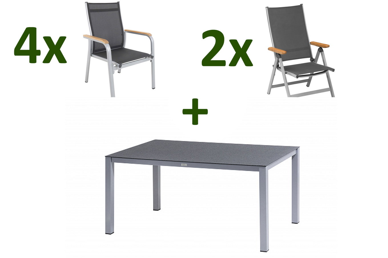 KETTLER Granada Ensemble repas de jardin, argent/anthracite, Alu/Spraystone/Textile, 160 x 95 cm, 4 fauteuils empilables, 2 chaises pliantes 28330__1
