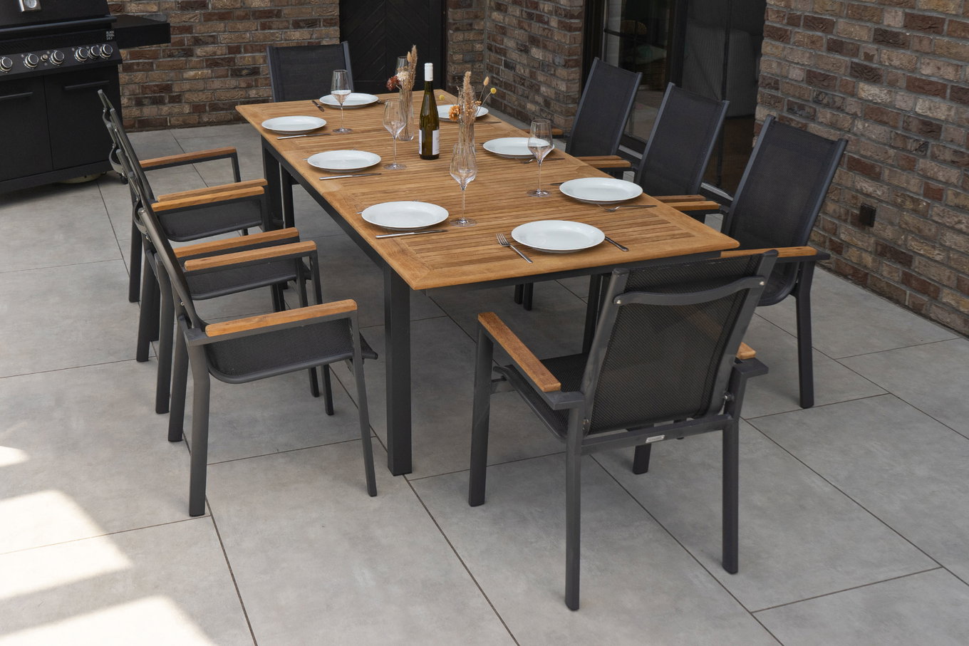 OUTFLEXX Groupe repas de jardin, anthracite mat, Alu/Textilène, Table 180/240 x 100 cm, 8 Fauteuils empilables 22188__1