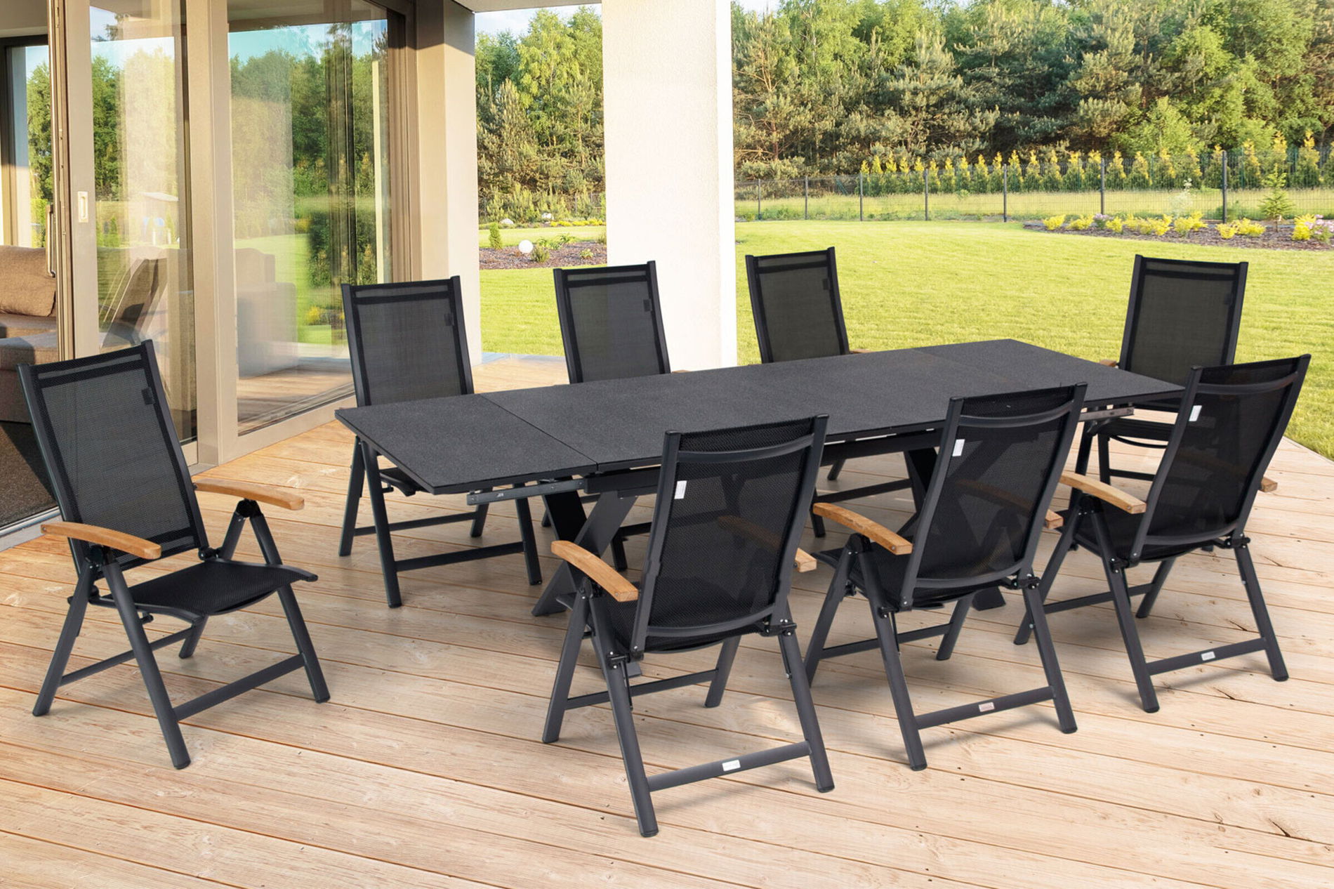 OUTFLEXX Groupe repas de jardin, OUTFLEXX® anthracite mat, Alu / Spraystone / Teck, Table 180/280x100cm, 8 chaises pliantes 22125__1