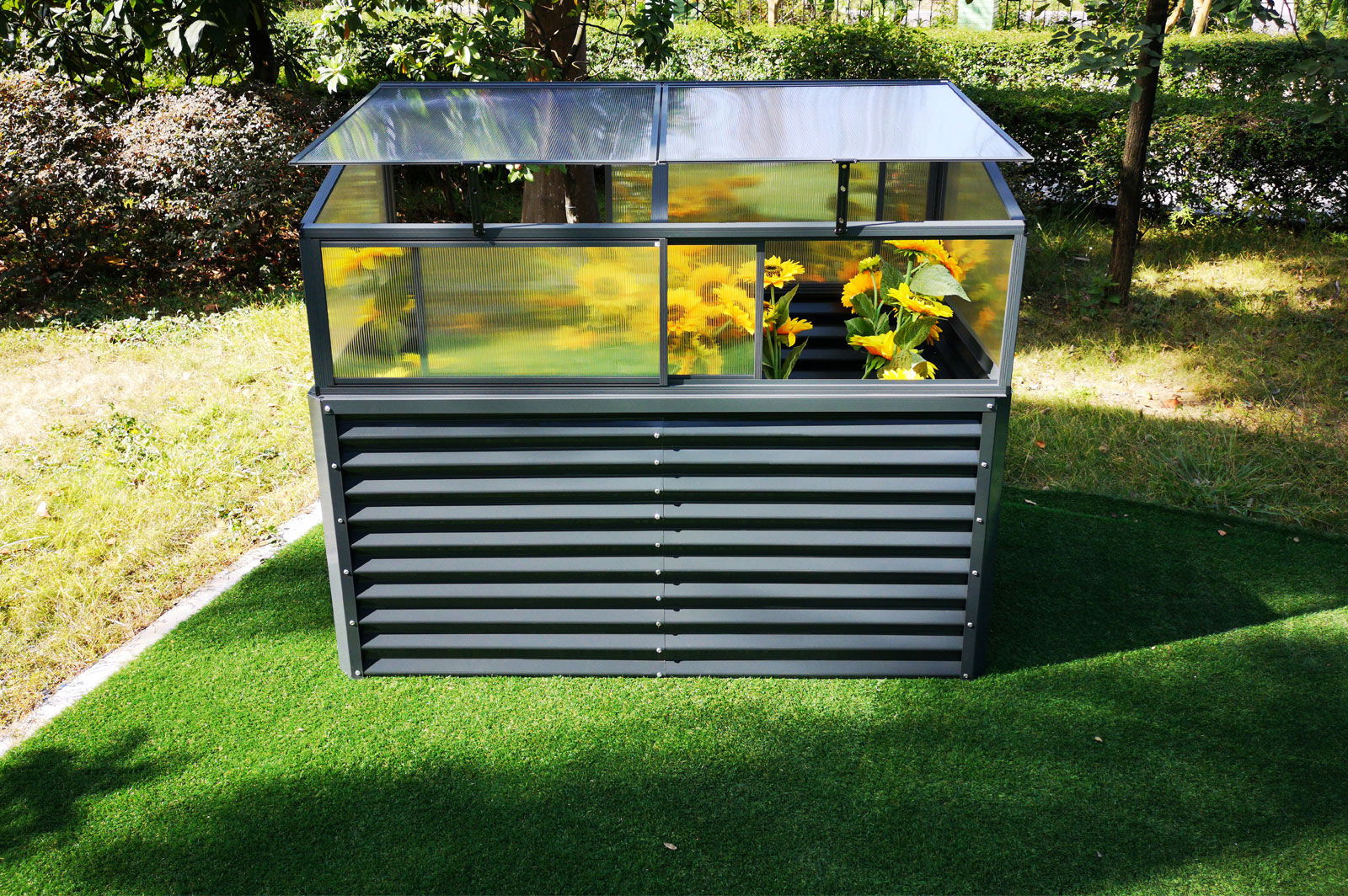 OUTFLEXX Kit carré potager et rehausse (avec portes coulissantes), anthracite, acier aluminium-zinc/alu/polycarbonate, 180 cm, thermolaqué
